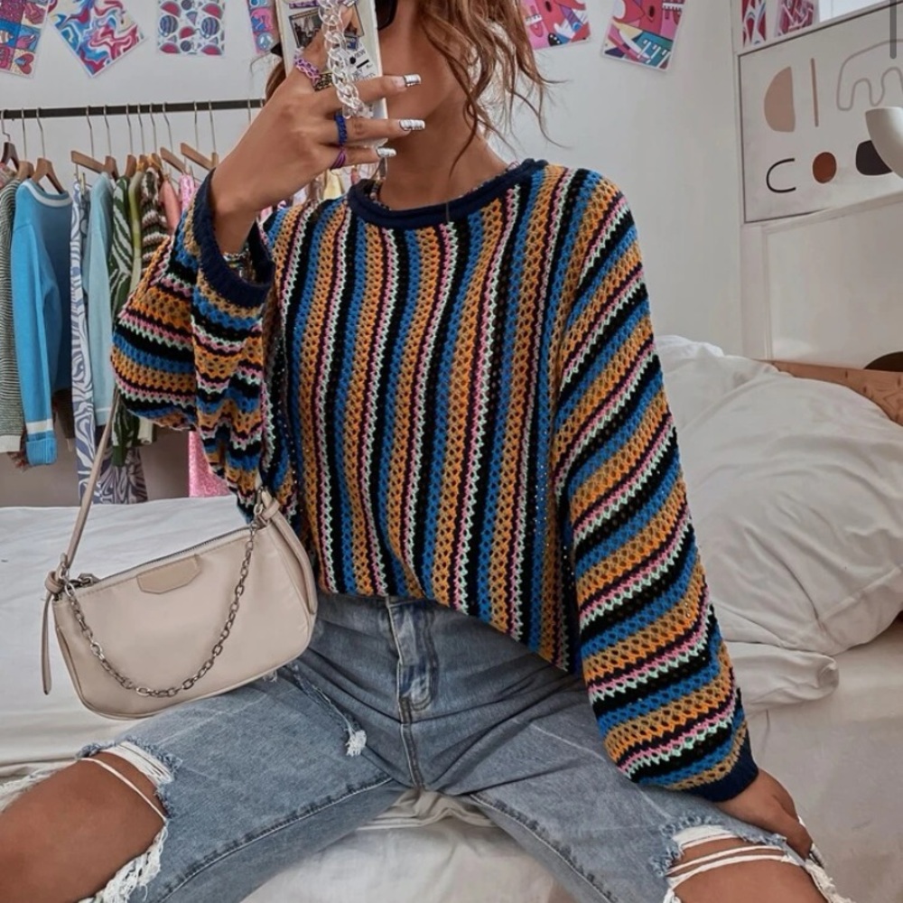 Striped Print Colorblock Knit Crochet Sweater